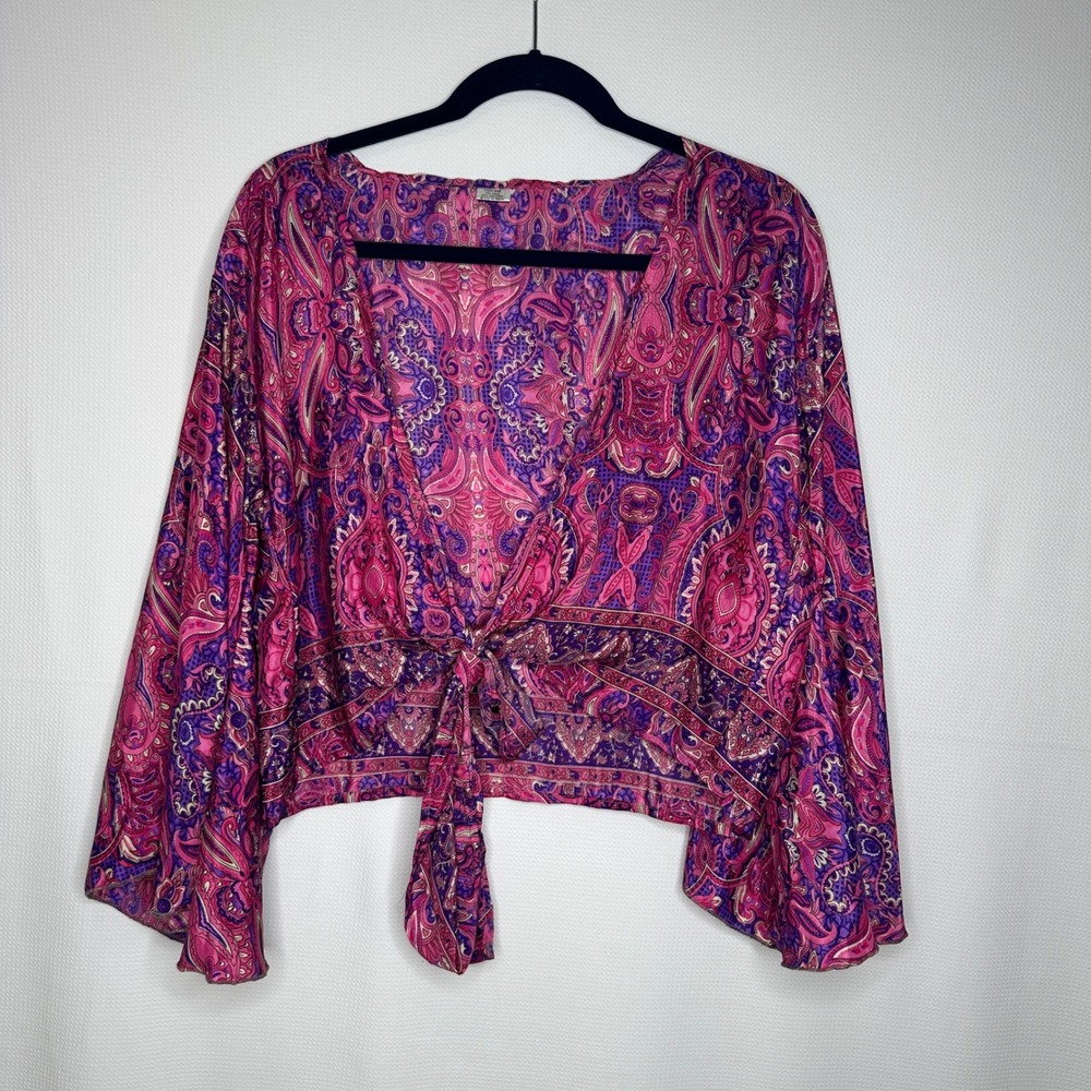 Silk Boho Crop Top Tie Front Paisley Pink Purple Bell Sleeve OS One Size